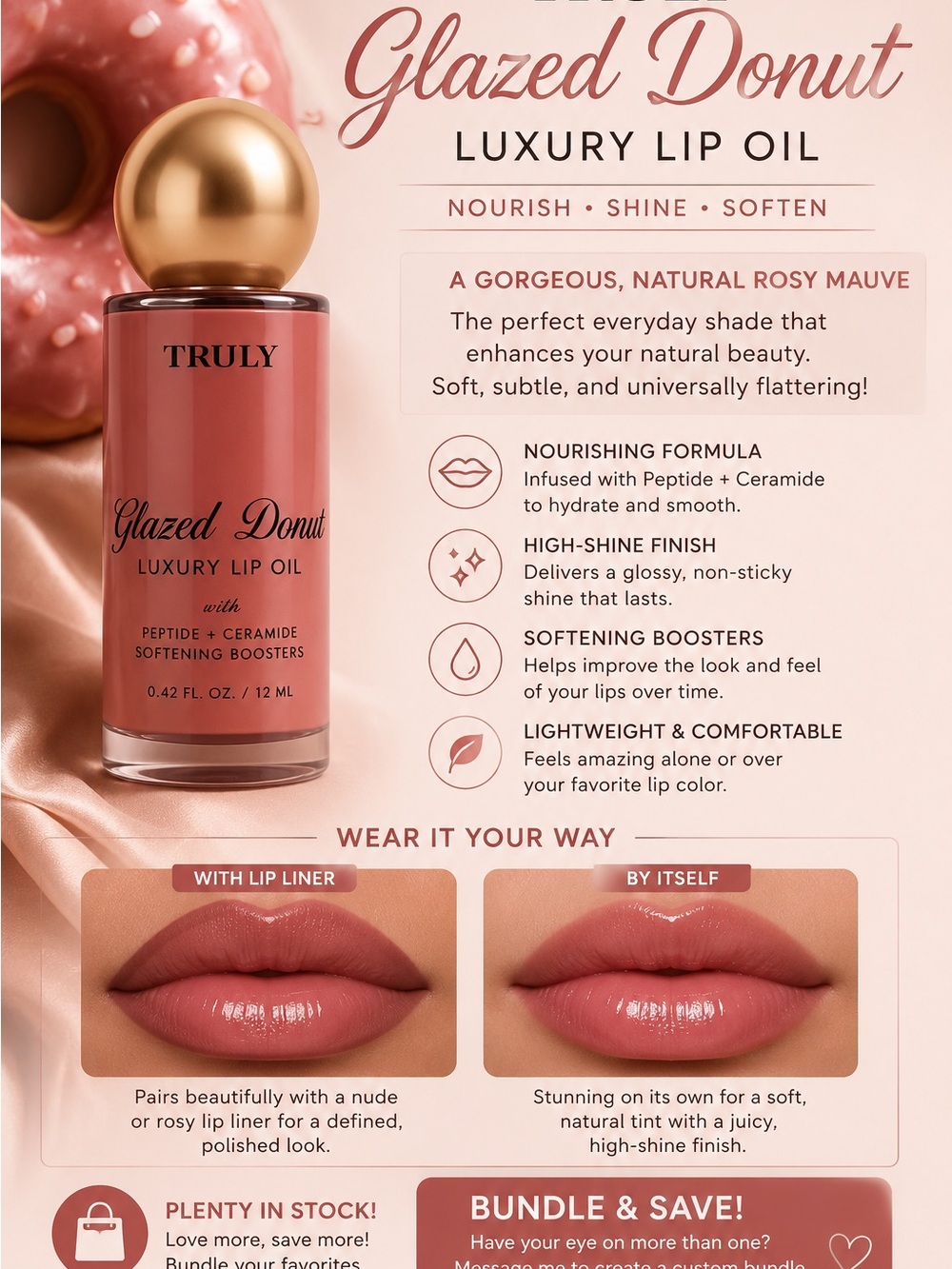 TRULY Glazed Donut Luxury Lip Oil – Natural Rosy Mauve | 0.42 fl. oz. / 12 mL
